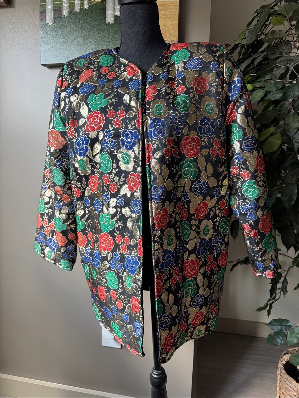Vintage Floral Metallic Brocade Jacket - Black with Red, Green & Blue